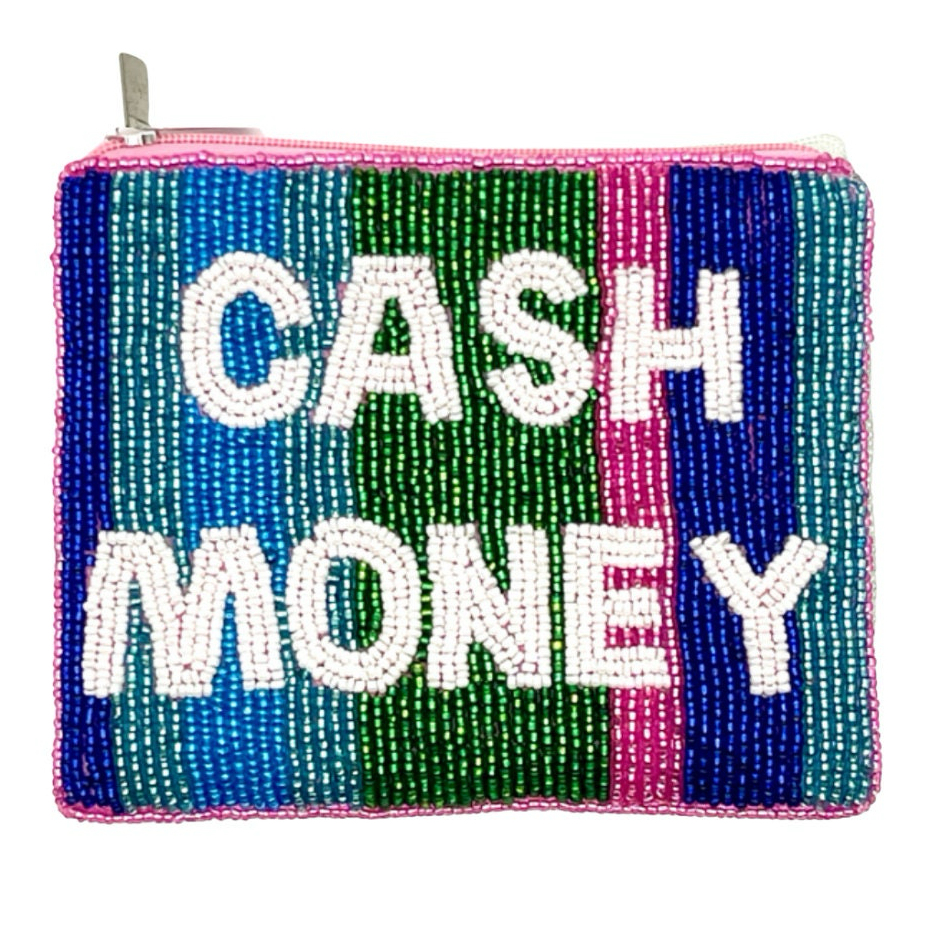 A blue small-sized coin purse with 'CASH MONEY' text embellished with colorful seed beads, featuring a zipper closure at the top.