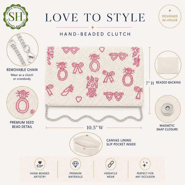 Bride Beaded Clutch Purse, Pink Wedding Icons, Crossbody Bag