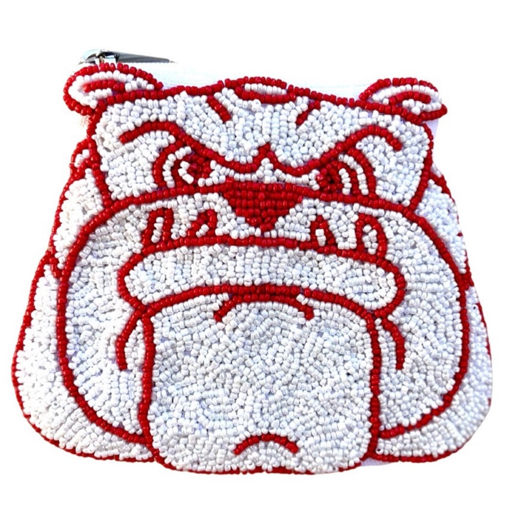 Beaded coin purse with bulldogs beaded design and zip closure by Saints Headbands