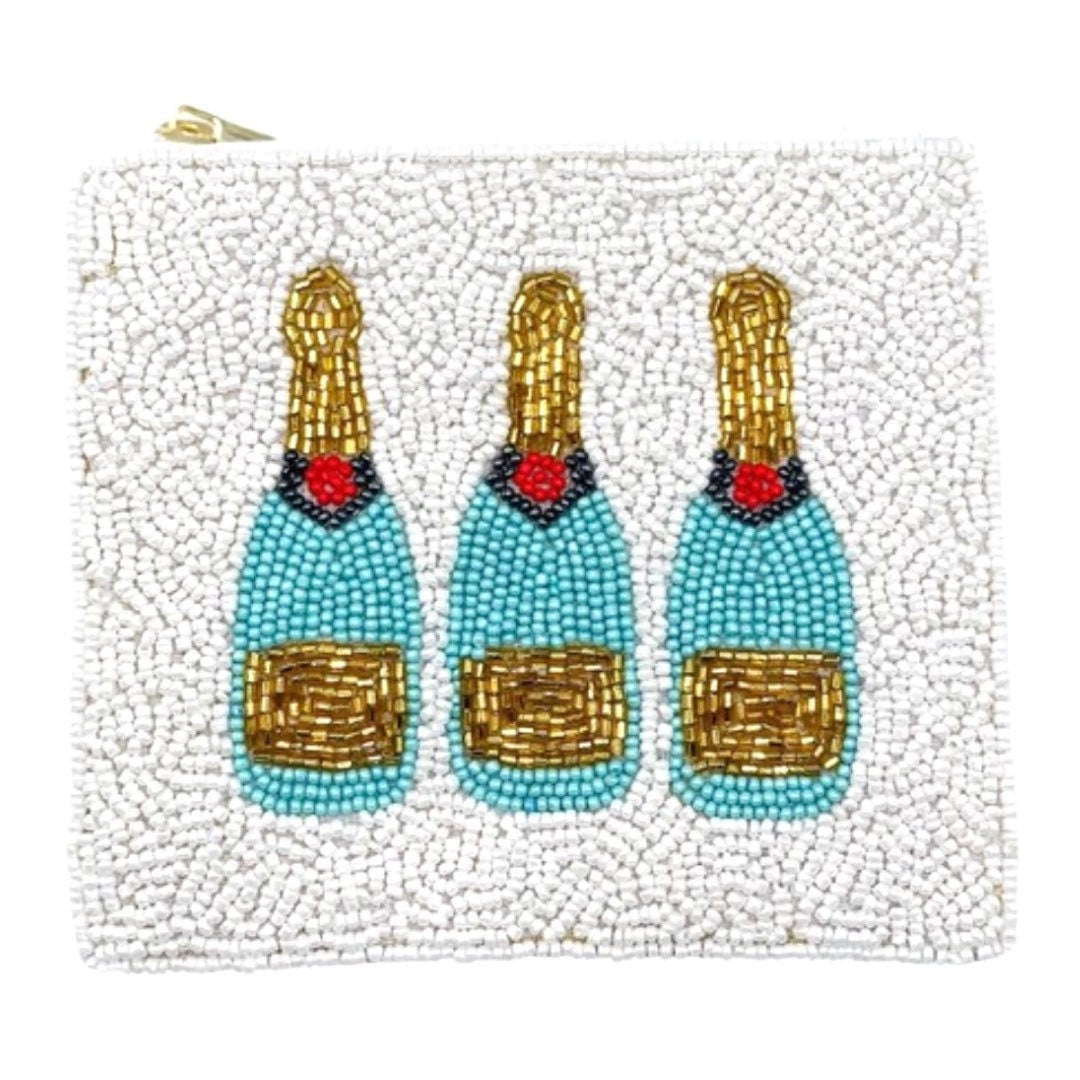 Beaded coin purse with champagne bottle beaded design and zip closure by Saints Headbands