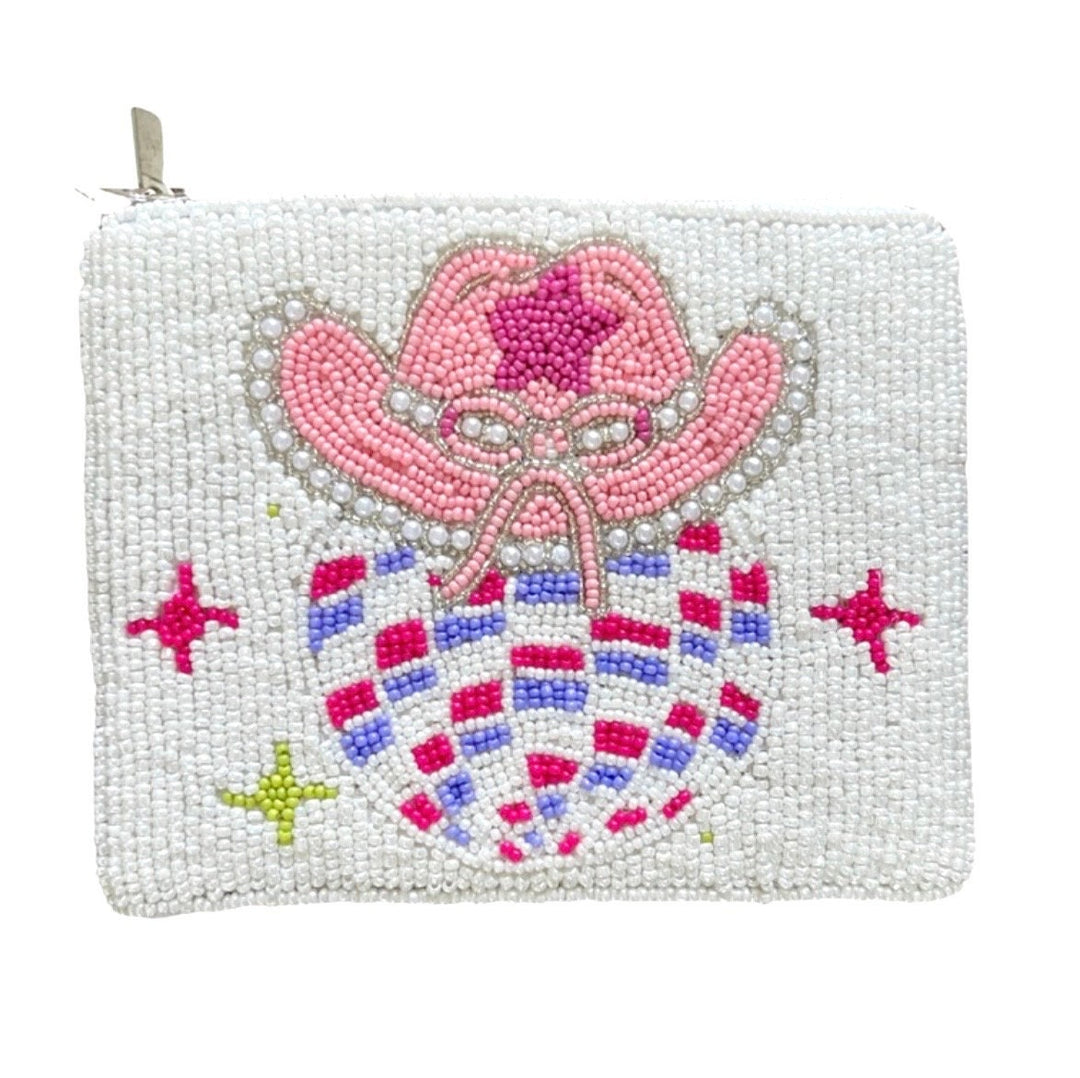 A small beaded coin purse with a cowgirl pattern, featuring a zipper closure and hand-sewn seed beads in various colors.
