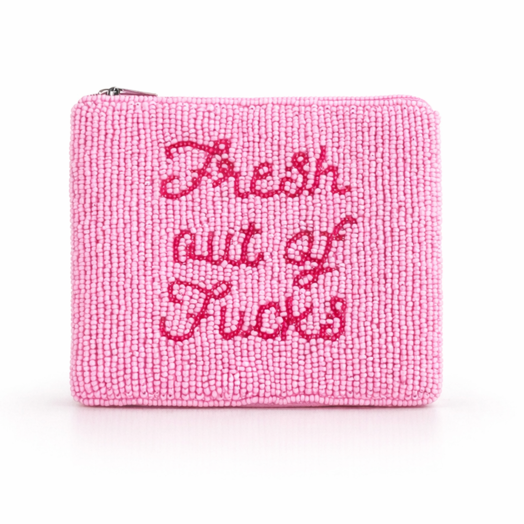Fresh Out of Fucks Beaded Pouch — front design by Saints Headbands