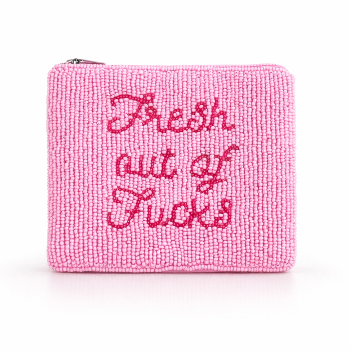 Fresh Out of Fucks Beaded Pouch — front design by Saints Headbands