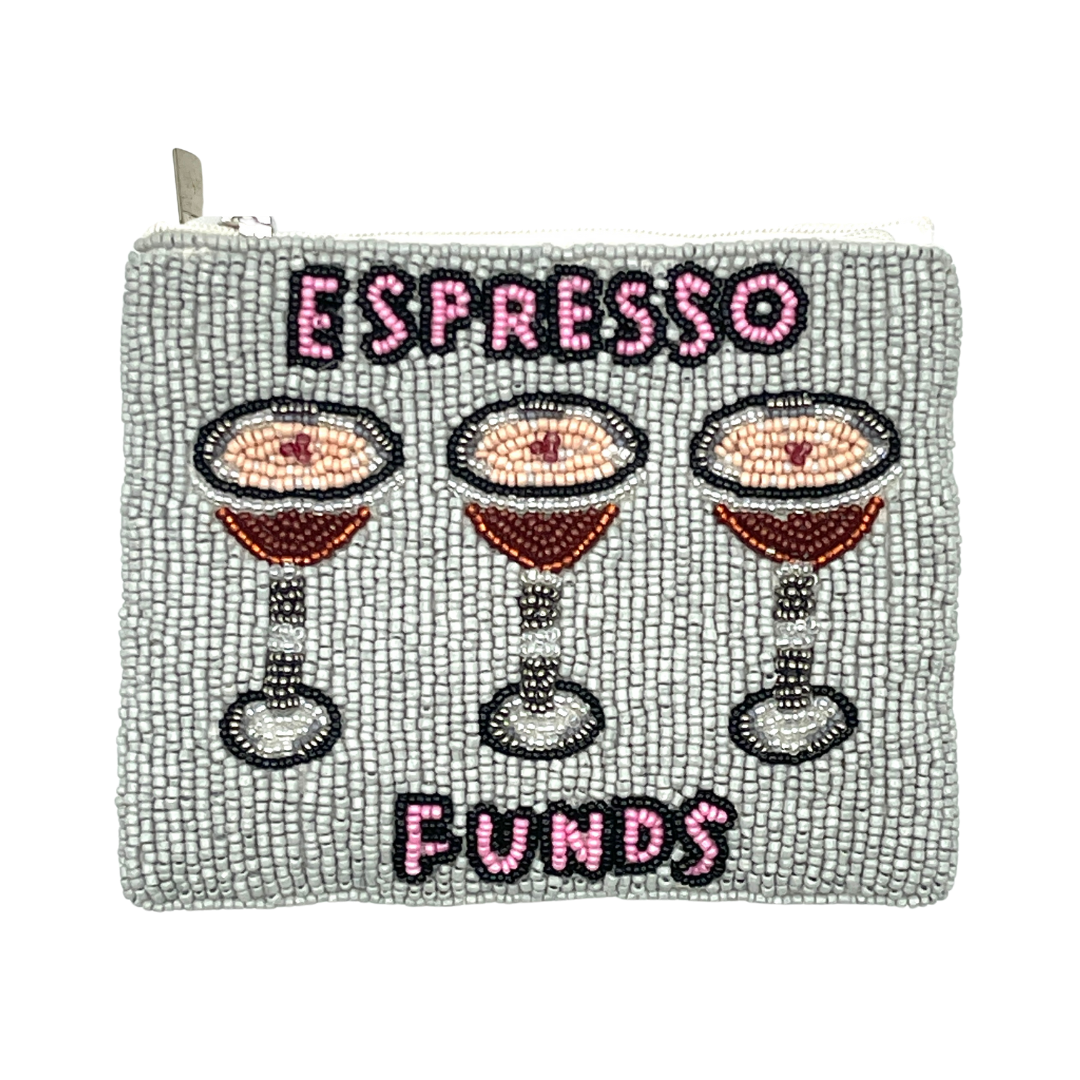 Silver beaded pouch with 'Espresso Funds' text and martini glass designs on a white background