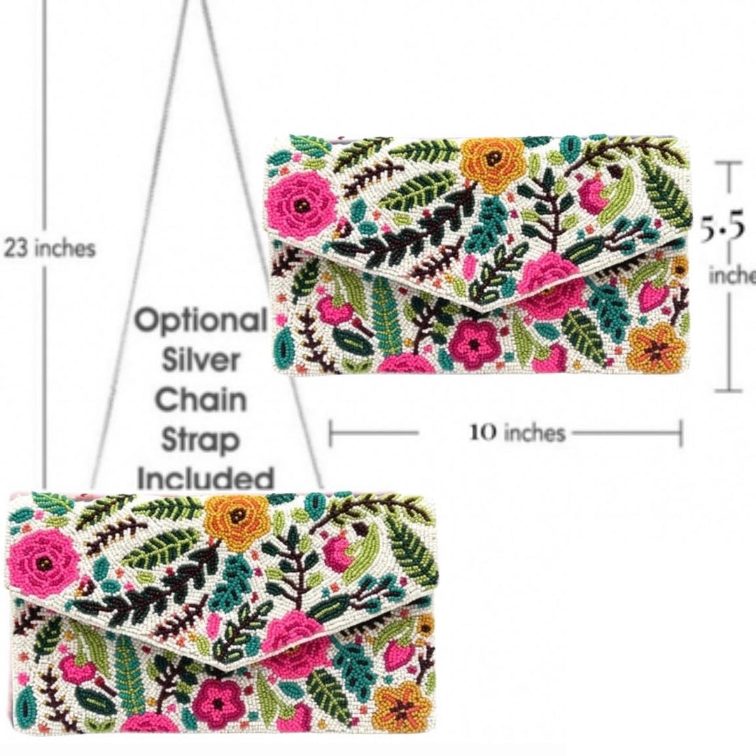 Floral embroidered clutch bag with dimensions and an optional silver chain strap.
