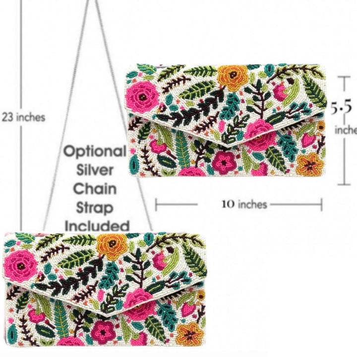 Floral embroidered clutch bag with dimensions and an optional silver chain strap.