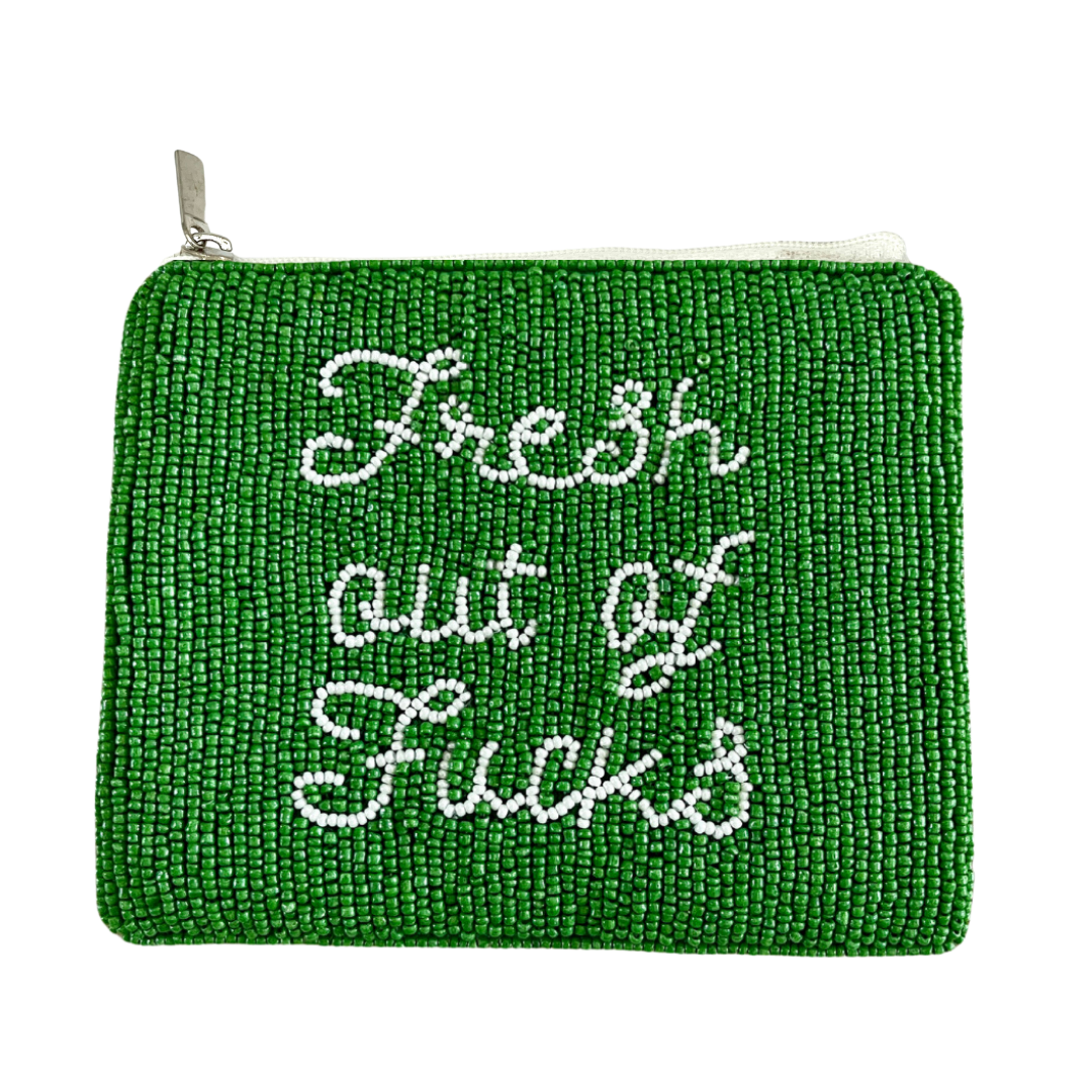 Green pouch with white text on a white background