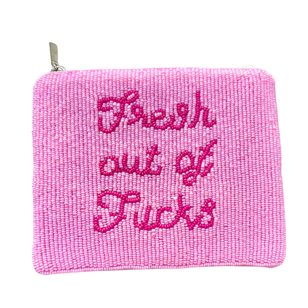 Pink pouch with text on a white background
