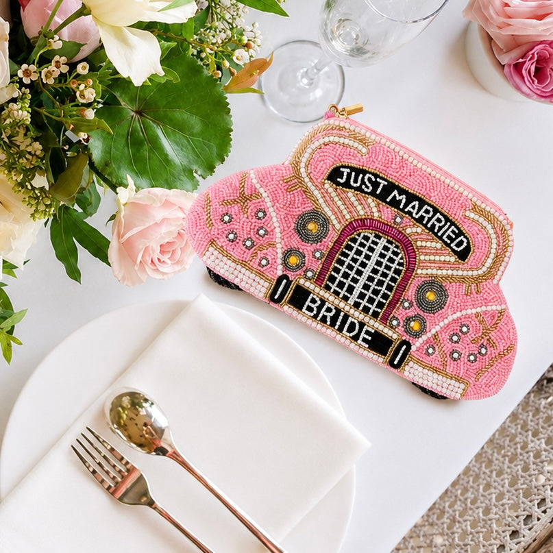 Just Married Bride Car Beaded Purse