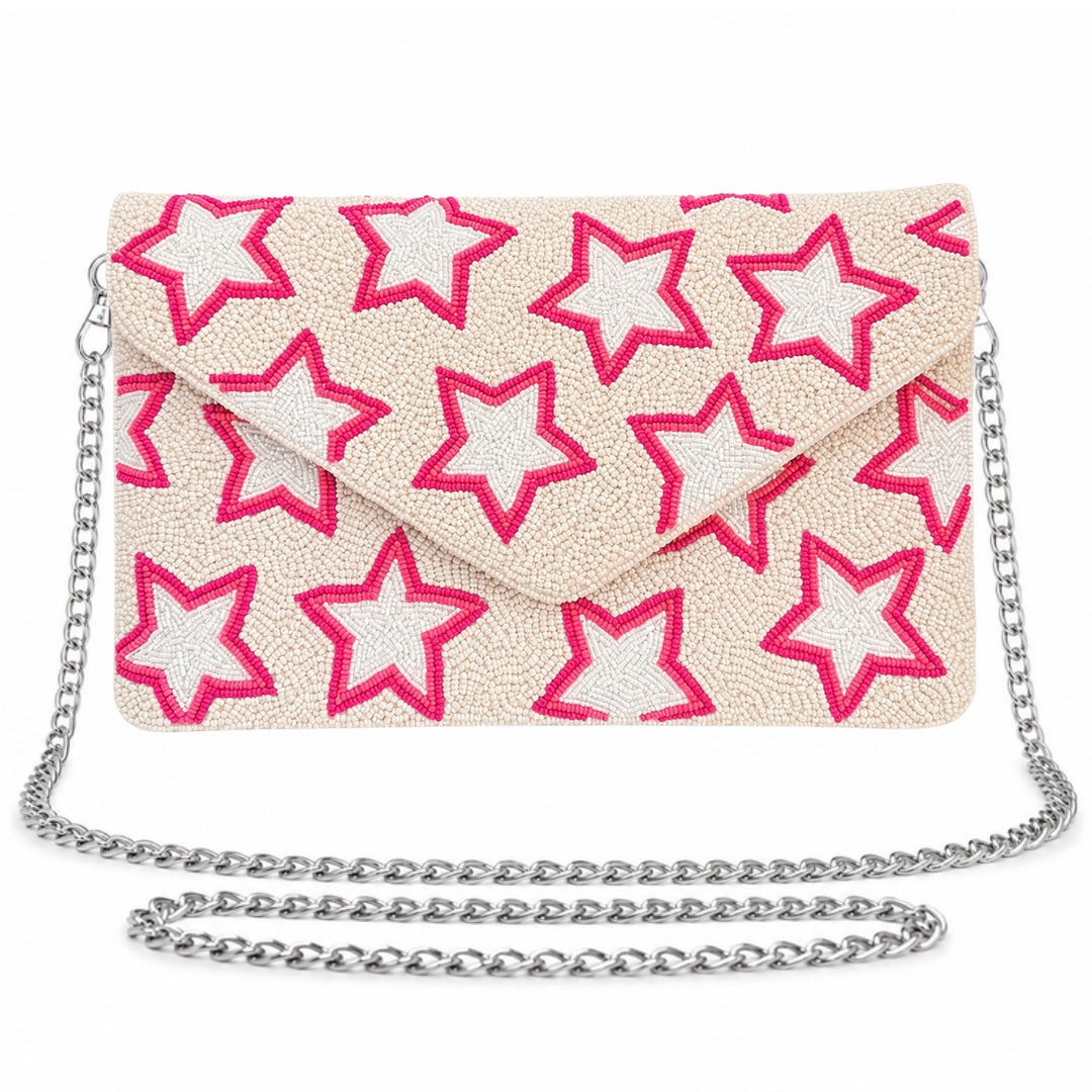 Pink Star Beaded Clutch Crossbody Bag