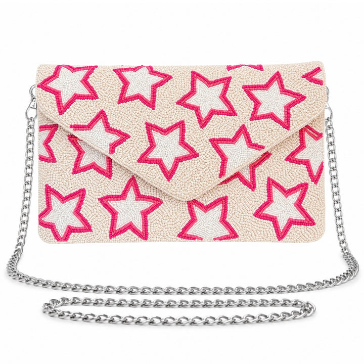 Pink Star Beaded Clutch Crossbody Bag