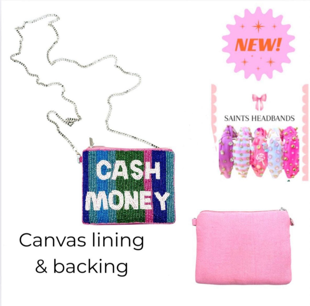 Cash Money Beaded Coin Purse with Chain — back view showing canvas backing and zipper by Saints Headbands