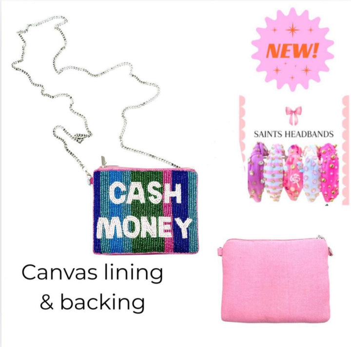 Cash Money Beaded Coin Purse with Chain — back view showing canvas backing and zipper by Saints Headbands