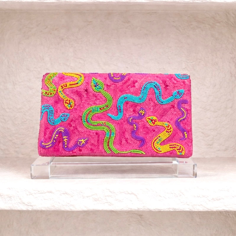 Pink Sequin Snake Beaded Clutch