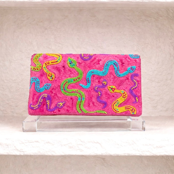Pink Sequin Snake Beaded Clutch