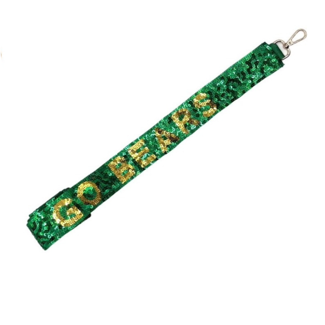 Green glittery lanyard with 'GO BEARS' text on a white background