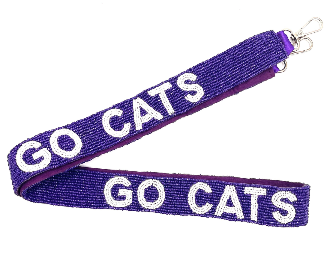 Purple lanyard with 'GO CATS' text on a white background