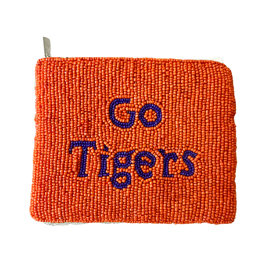 Orange pouch with 'Go Tigers' text on a white background