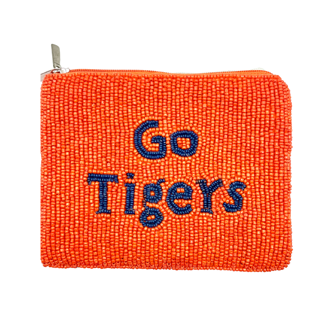 Orange beaded pouch with 'Go Tigers' text on a white background