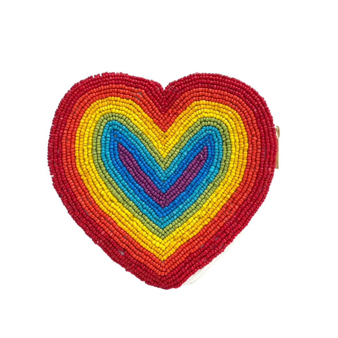 Heart-shaped pouch with rainbow beaded design on a white background