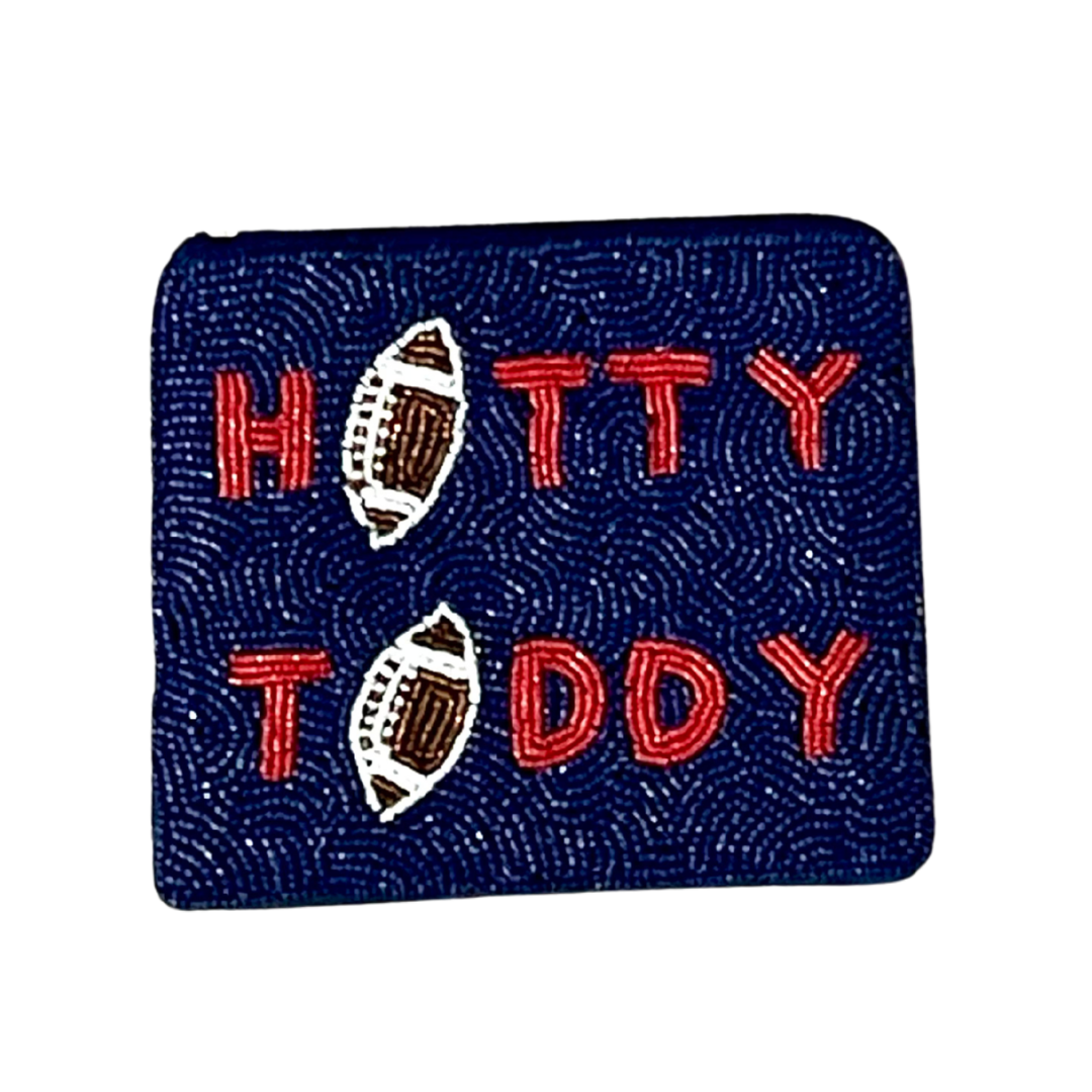 Blue pouch with 'Hotty Toddy' text and football graphics on a white background