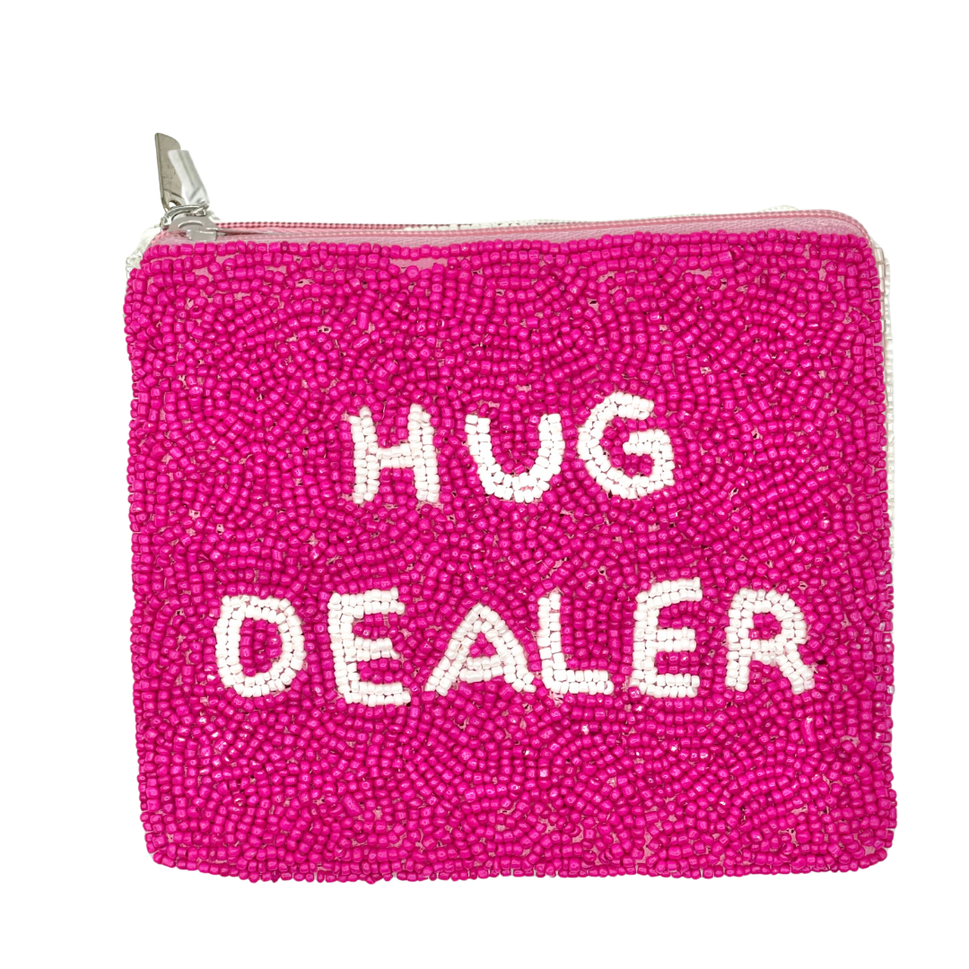 Pink beaded pouch with 'HUG DEALER' text on a white background