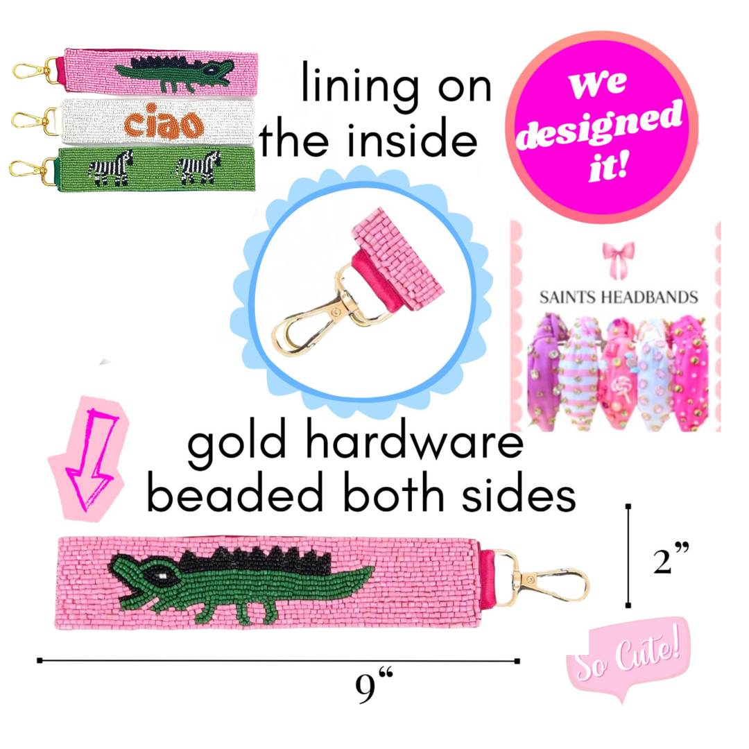 Alligator Beaded Wristlet Keychain — detail of beadwork and hardware by Saints Headbands