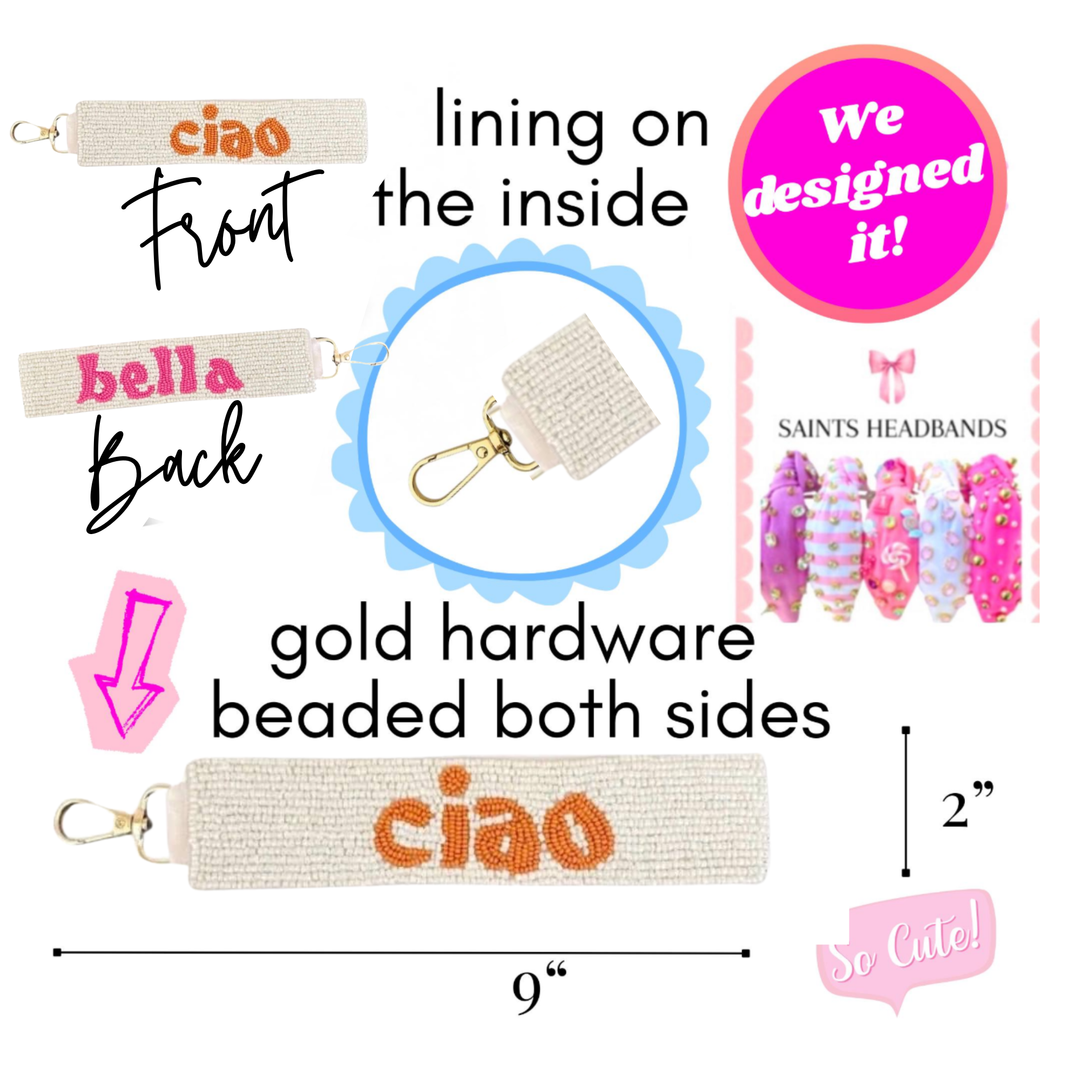 Ciao Bella Beaded Wristlet Keychain — detail of beadwork and hardware by Saints Headbands
