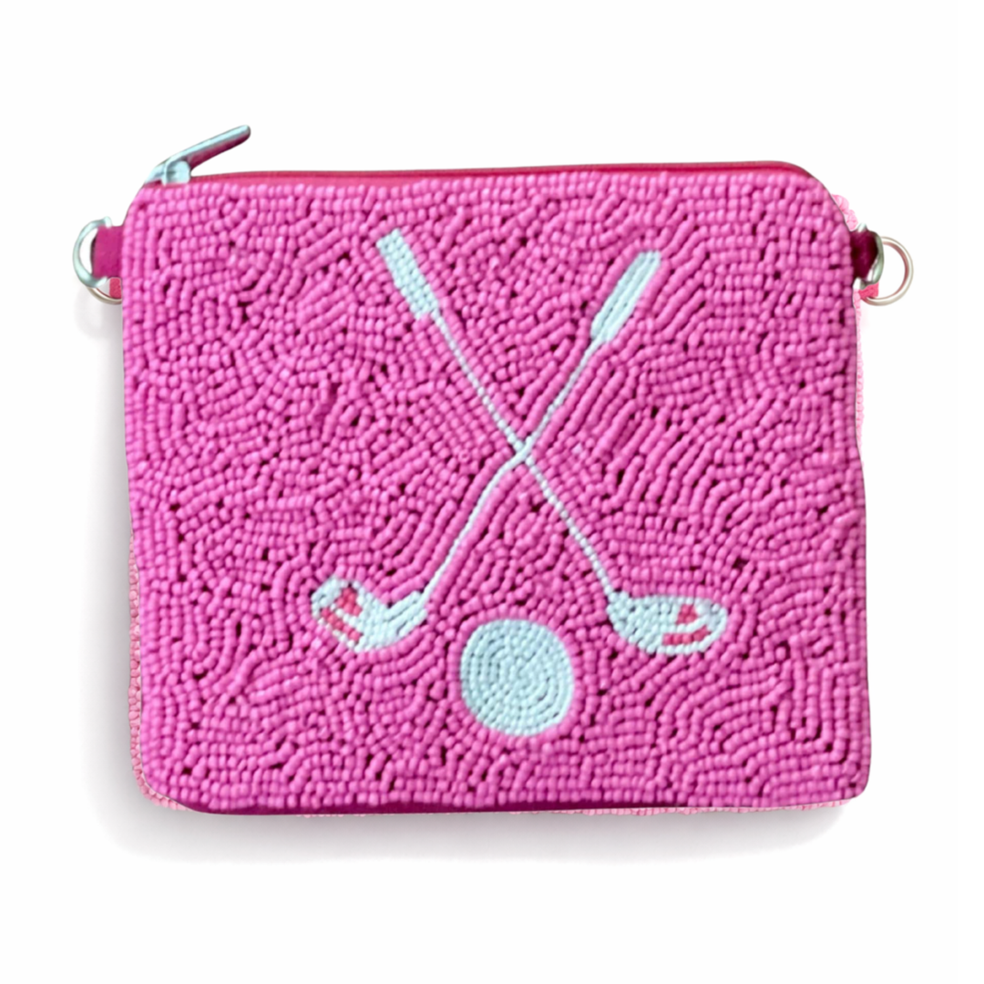 Pink Golf Beaded Coin Purse — front design by Saints Headbands