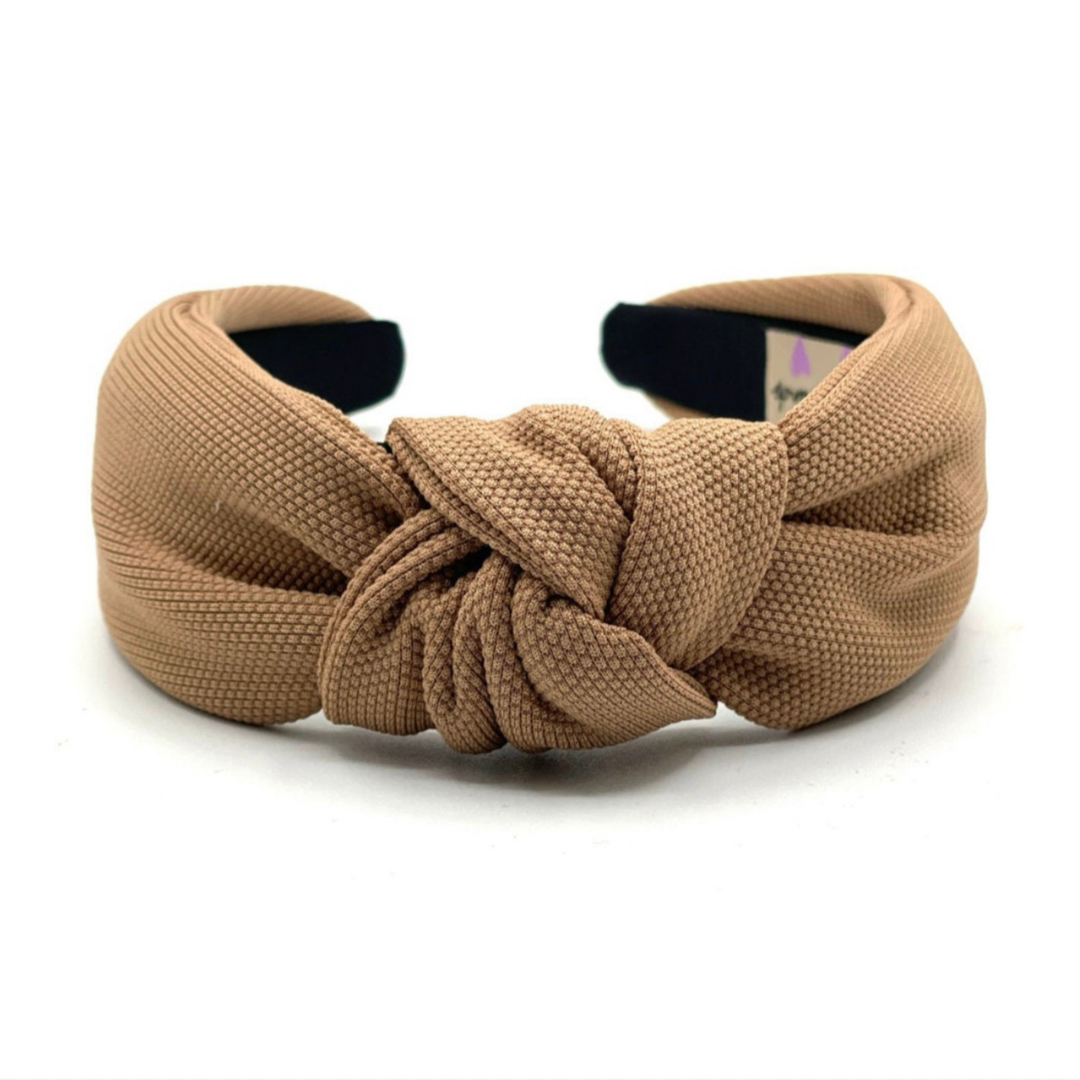 Brown Knot Headband w/ Pearls — side angle showing padded knot detail by Saints Headbands