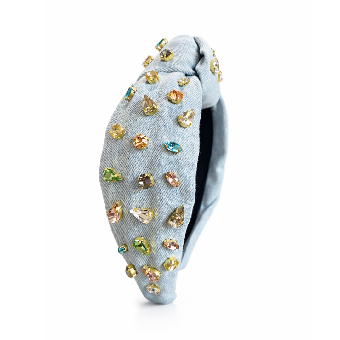 Denim Headband with Handsewn Rhinestones — front view showing embellished design by Saints Headbands