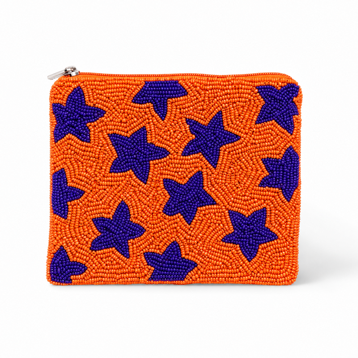 Orange with Purple Stars Beaded Coin Purse