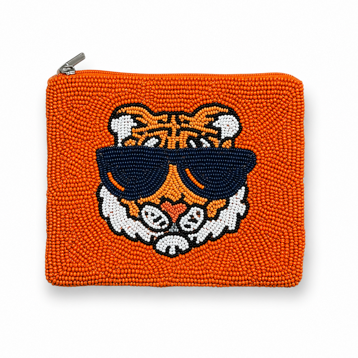 Tiger Navy Blue Sunglasses Beaded Coin Purse