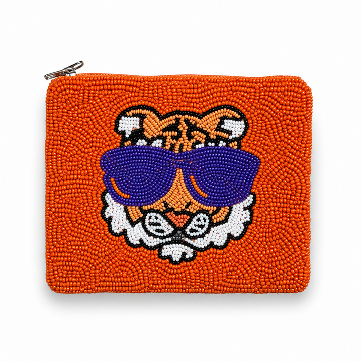 Tiger Purple Sunglasses Beaded Coin Purse