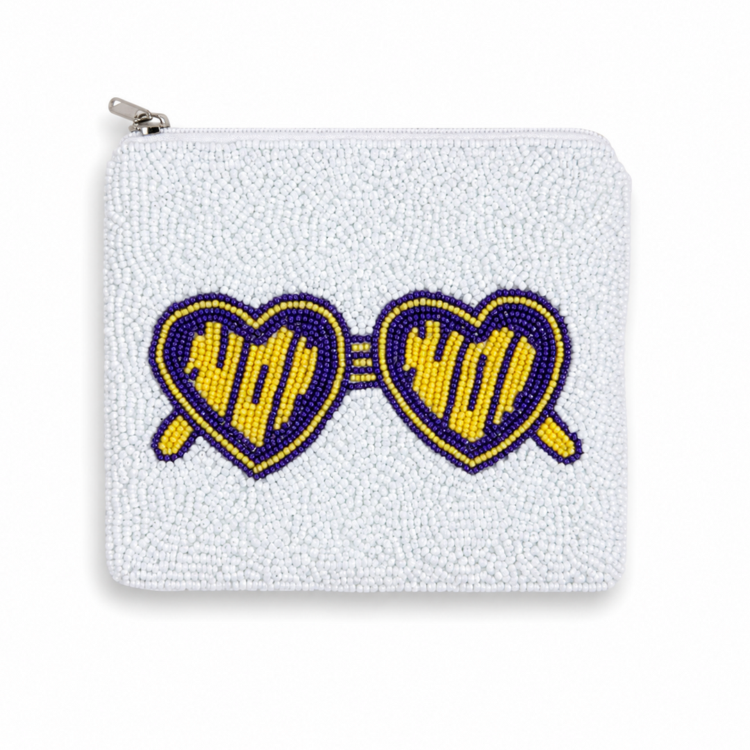 Purple &amp; Gold Tiger Heart Sunglasses Beaded Coin Purse