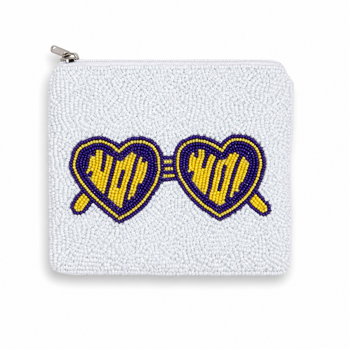 Purple &amp; Gold Tiger Heart Sunglasses Beaded Coin Purse