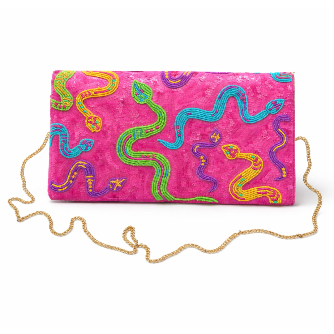 Pink Sequin Snake Beaded Clutch