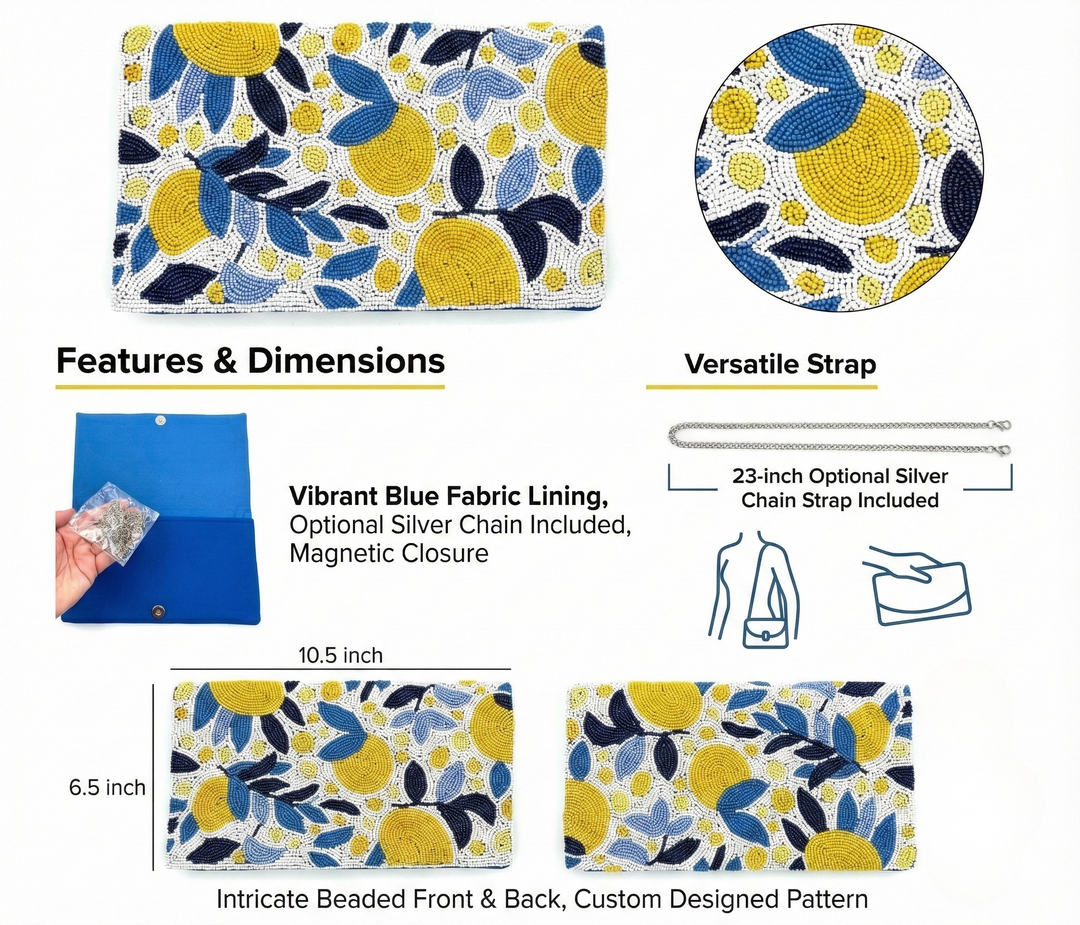 lemon beaded purse with blue lining and size information