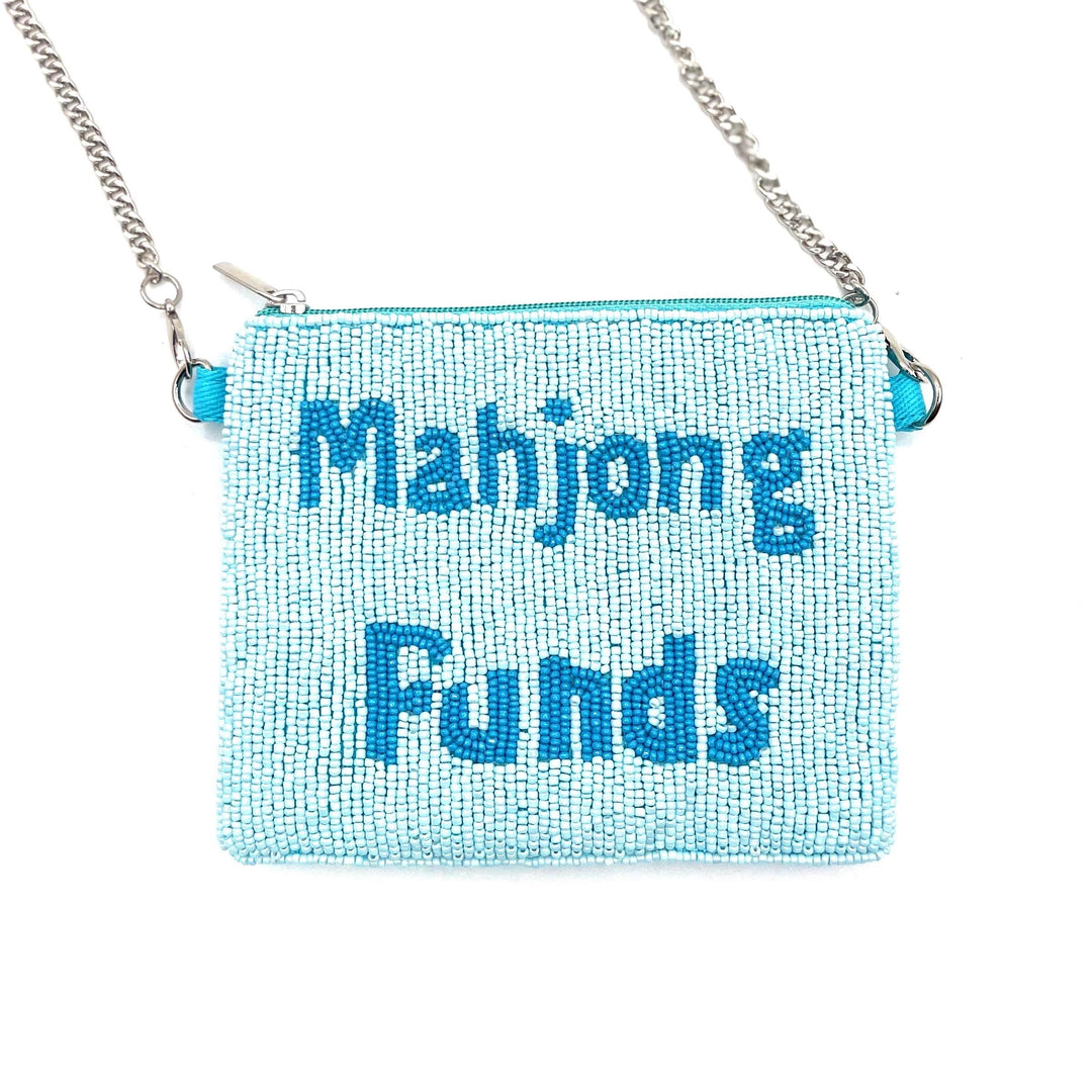 Blue beaded purse with 'Mahjong Funds' text on a white background