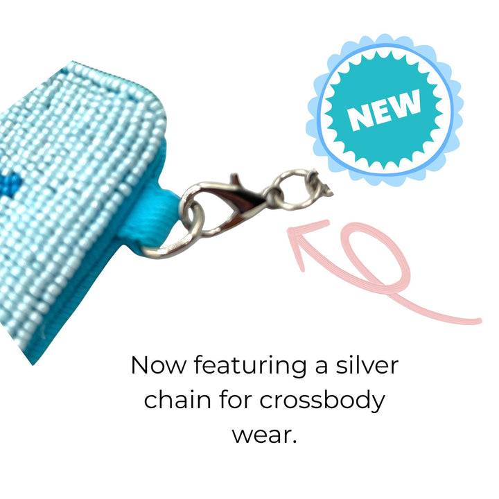 Blue beaded product with a silver chain and 'NEW' label on a white background