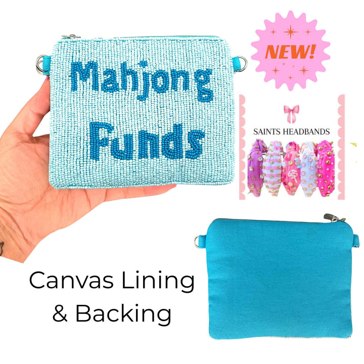 Blue pouch with 'Mahjong Funds' text held by a hand, with additional pouches and headbands displayed.
