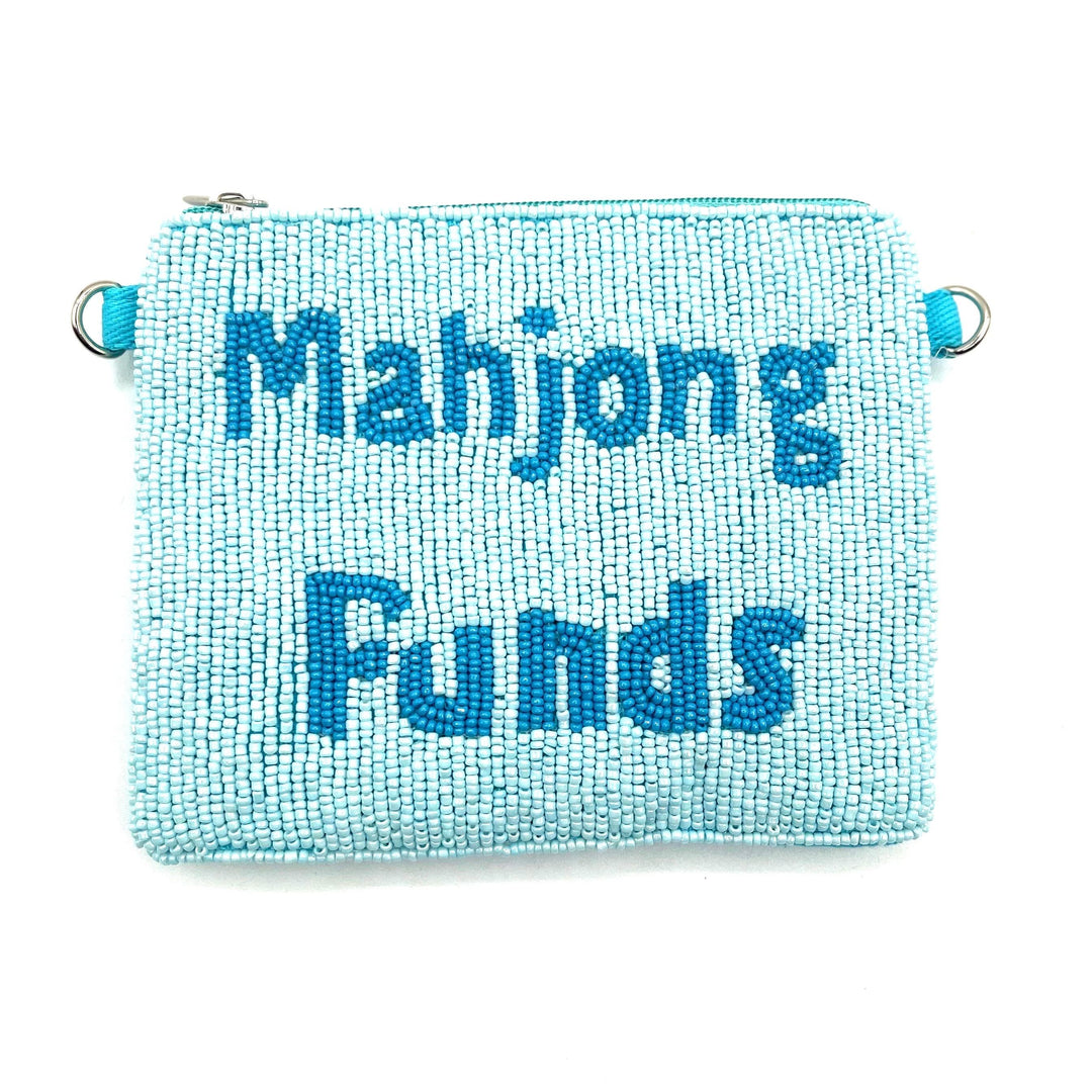 Blue beaded pouch with 'Mahjong Funds' text on a white background