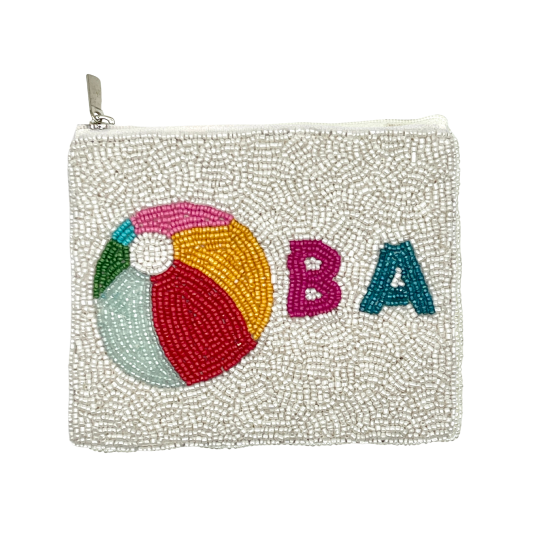 Beaded pouch with a beach ball design and 'BOB' letters on a white background