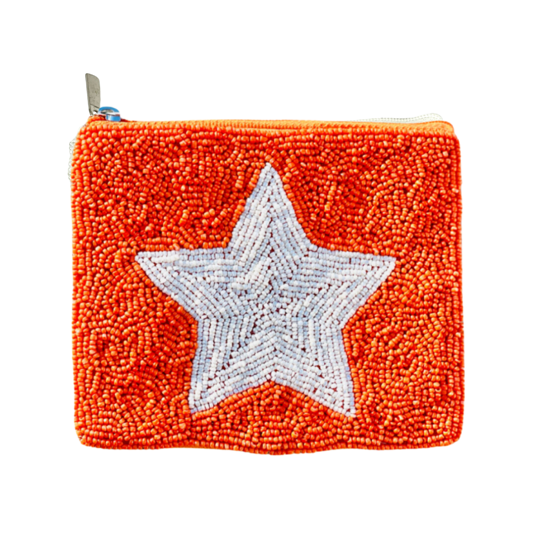 Orange pouch with a star design on a white background