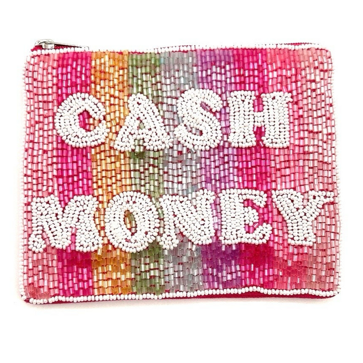 A pink coin purse with 'CASH MONEY' written in sparkling beads, featuring a zipper closure and a canvas backing.