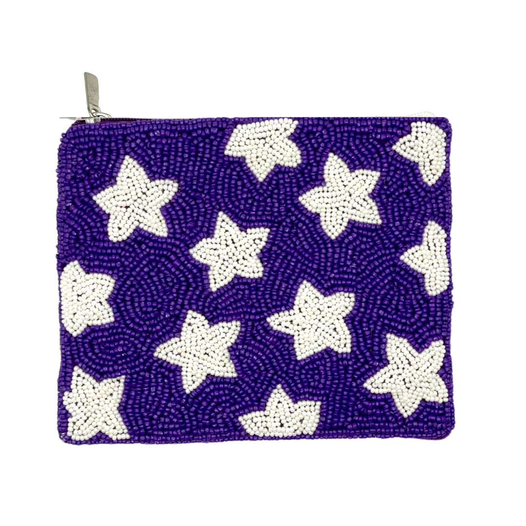 Purple pouch with white star patterns on a white background