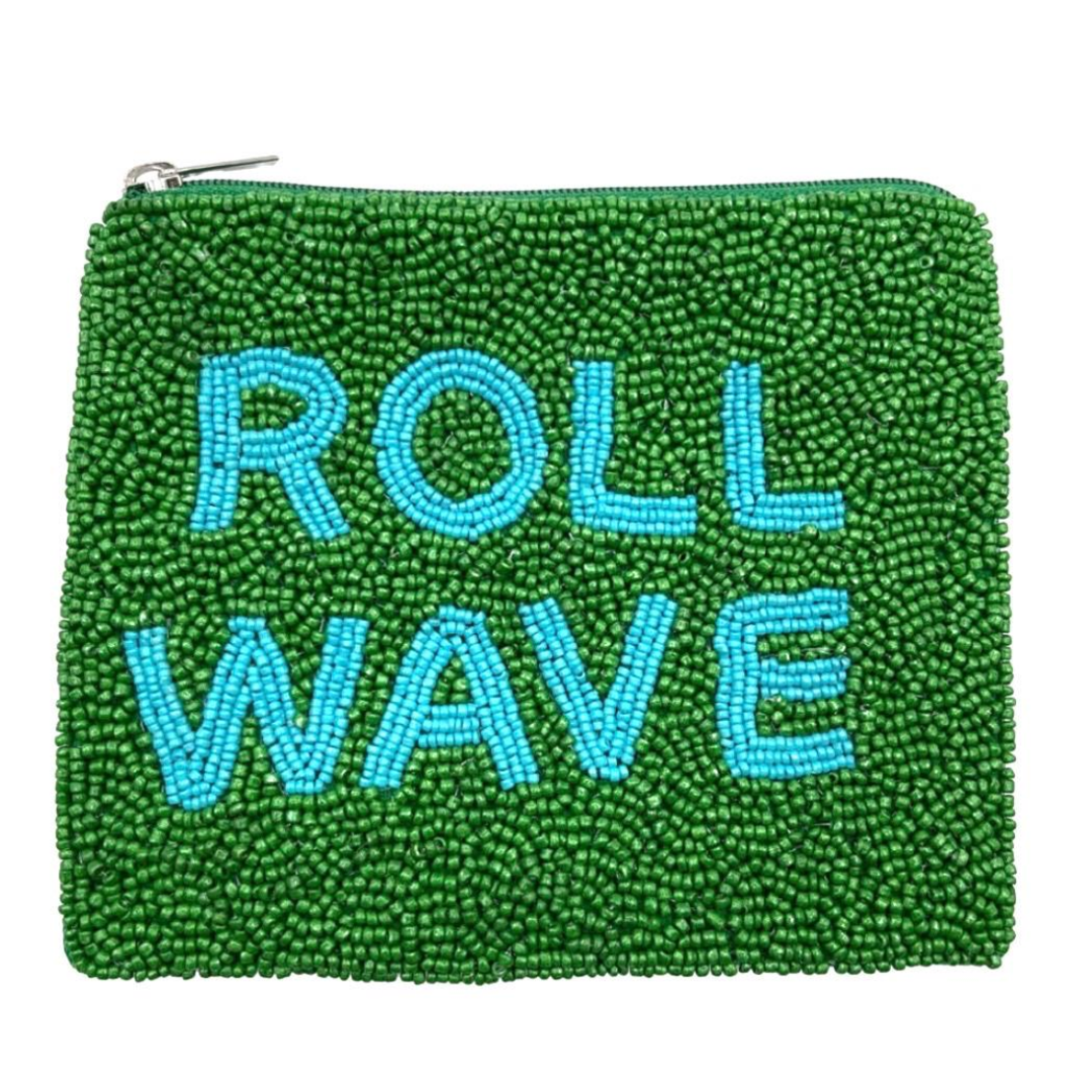 Green beaded pouch with 'ROLL WAVE' text in blue on a white background