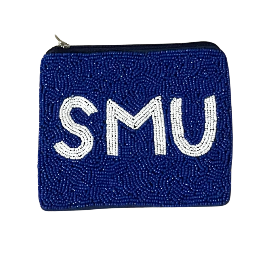 Blue beaded pouch with 'SMU' text on a white background