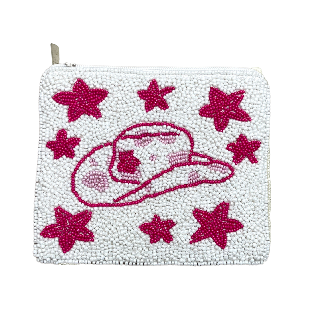 White pouch with pink cowboy hat and stars design on a white background