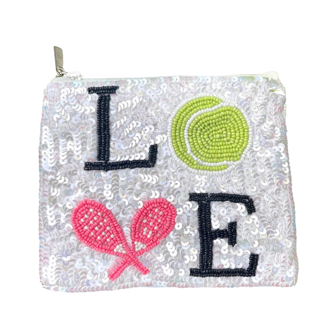 Sequined pouch with 'LOVE' and tennis racket design on a white background